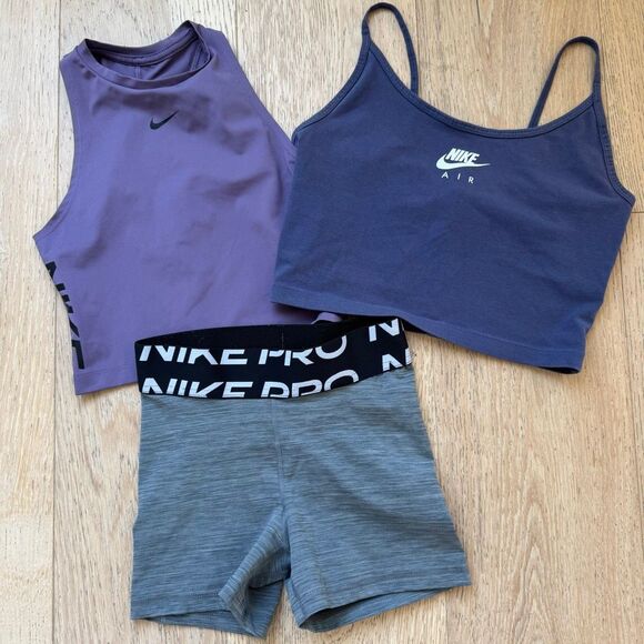 Nike Pro Outfit Set Crop Top Purple Compression Athletic Gray Shorts Size XS - Picture 1 of 8